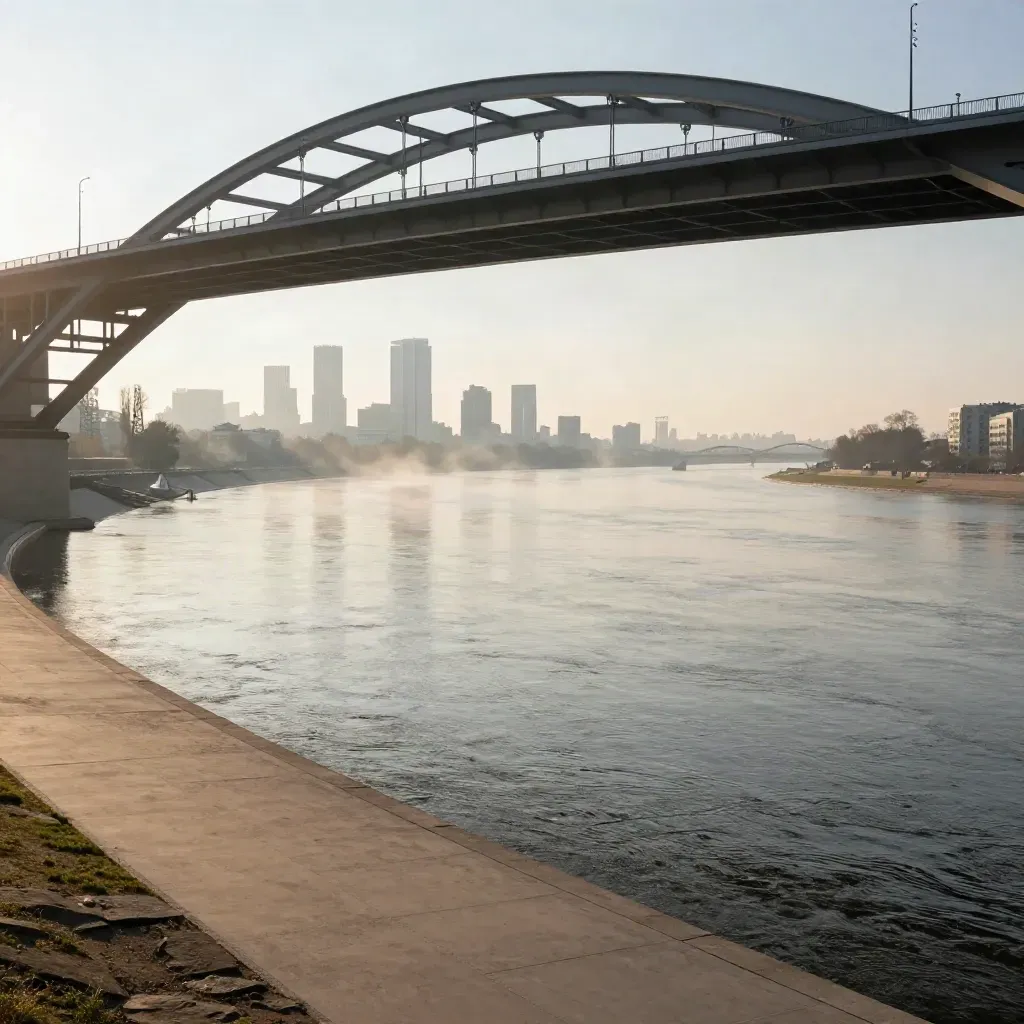 Poranna mgła nad zakolem Wisły, panoramą Warszawy i łukiem mostu, dużo pustej przestrzeni na tekst.